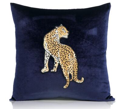 Leopard Embroidery Blue Velvet Cushion Cover- Design 1