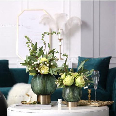 Pair of Green Palm Vases on side table lifestyle image