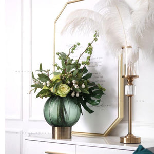 Large Green Palm Vase on side table lifestyle image with feathers