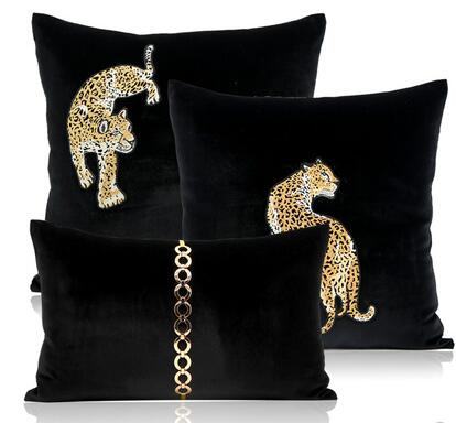 Leopard Embroidery Black Velvet Cushion Cover - set