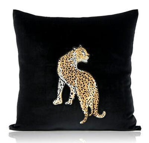 Leopard Embroidery Black Velvet Cushion Cover - design 1