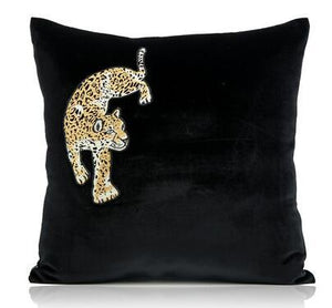 Leopard Embroidery Black Velvet Cushion Cover -design 2