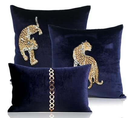 Leopard Embroidery Blue Velvet Cushion Cover