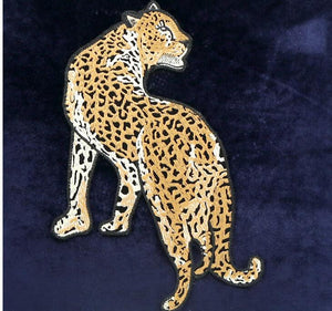 Leopard Embroidery Royal Blue Velvet Cushion Cover