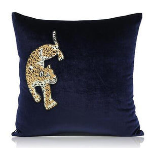 Leopard Embroidery Blue Velvet Cushion Cover- design 2